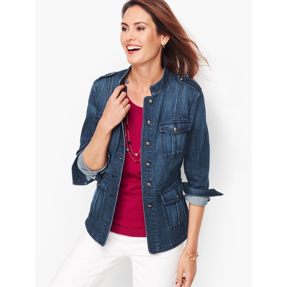 Talbots Womens Band Collar Denim Jacket Blue Utility Military Crest Button Large